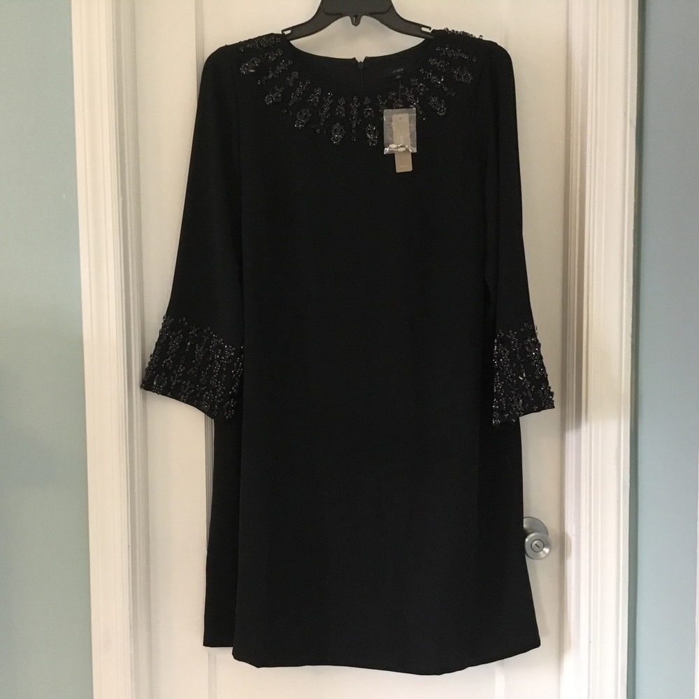 J. Crew beaded dress, black, long sleeve, lined, fitted, size 16, NWT